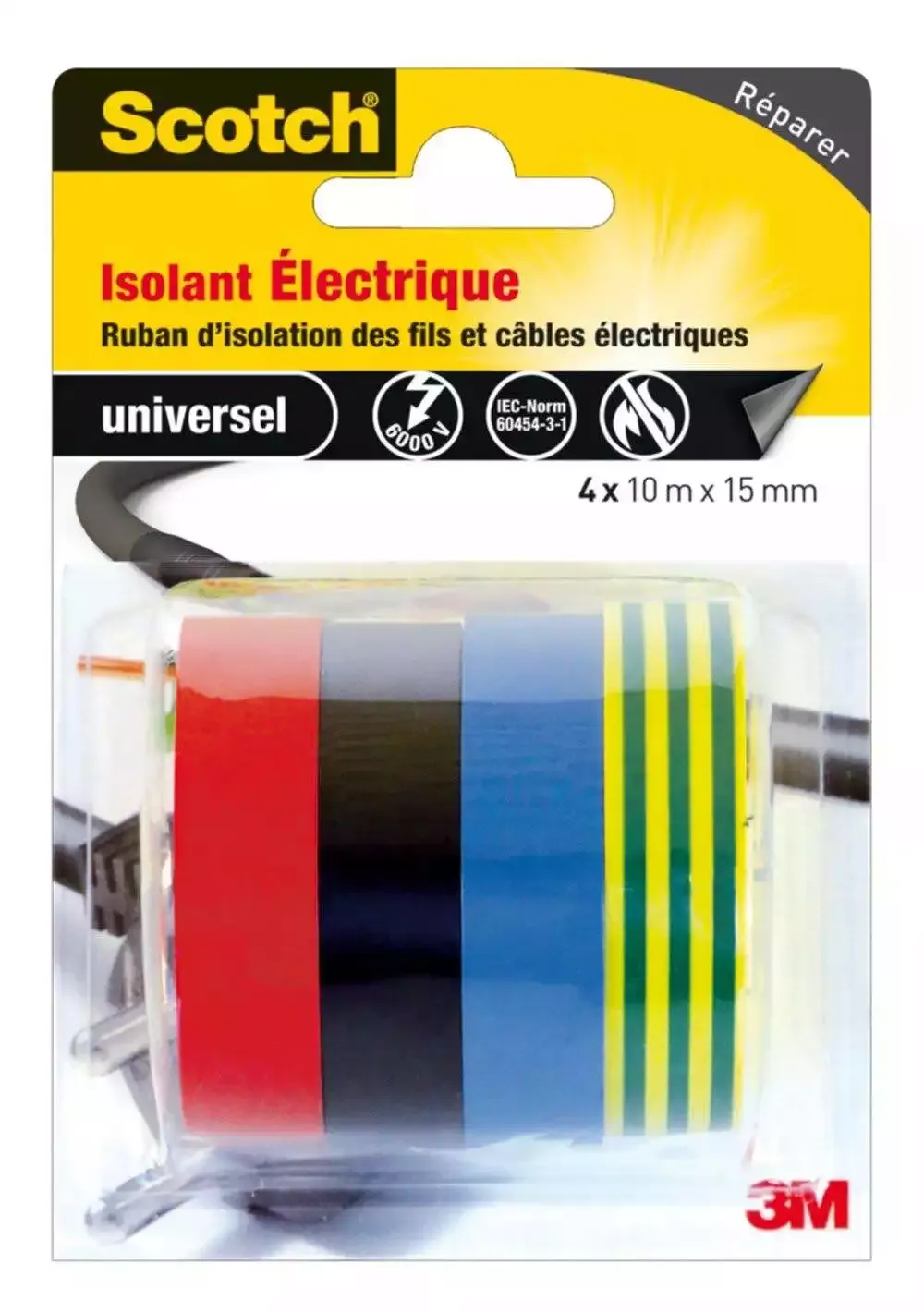 Ruban isolant électrique vinyle Scotch — assortiment multicolore 4 rouleaux 10 m x 15 mm — image 1