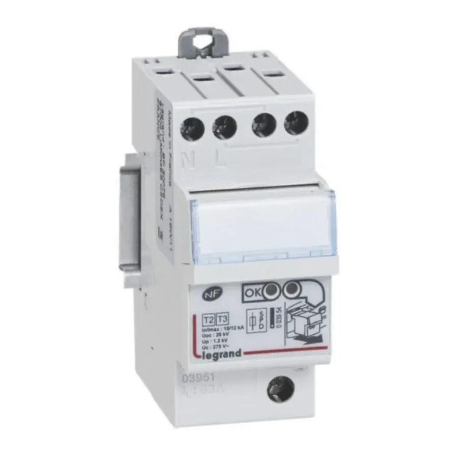 Parafoudre T2+T3 — 1P+N — Imax 12 kA — protection intégrée Icc 4,5 kA — 2 modules