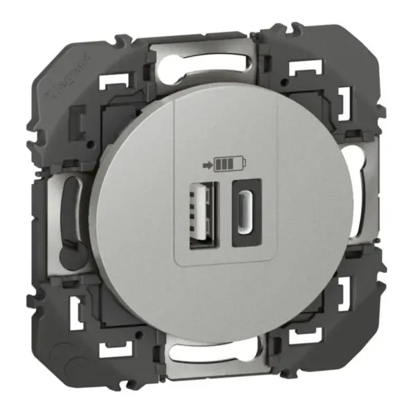 Chargeur USB double Legrand dooxie — USB-A + USB-C — 3 A / 15 W — finition alu