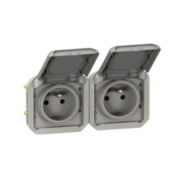 Double prise 2P+T 16 A précâblée horizontale — IP55 — Plexo gris