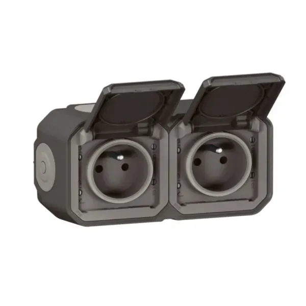 Double prise 2×2P+T 16 A — IP55 IK08 — saillie anthracite