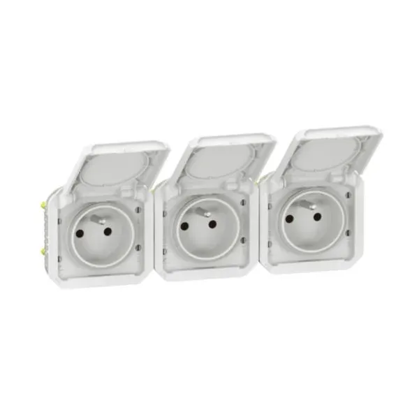 Bloc 3 prises 2P+T horizontal — IP55/IK08 — blanc